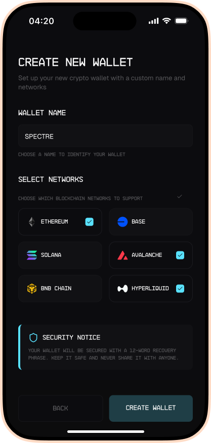 Spectre Create Wallet Screen